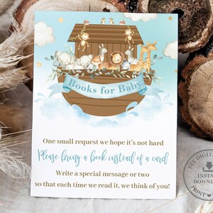 Noah’s Ark Books for Baby Card, TÉLÉCHARGEMENT INSTANTANÉ, Chic Blue Boy Noahs Arc Bring a Book Insert, Cute Animals Baby Shower Printable PDF, NA2