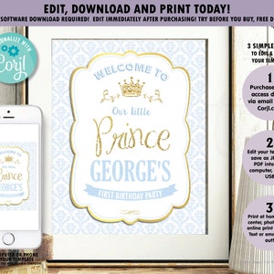 EDITABLE TEMPLATE Little Prince 1st Birthday Welcome Sign, Printable, Pastel, First, One Year, Poster, Wall Decor, Blue, Royal, Regal, Gold