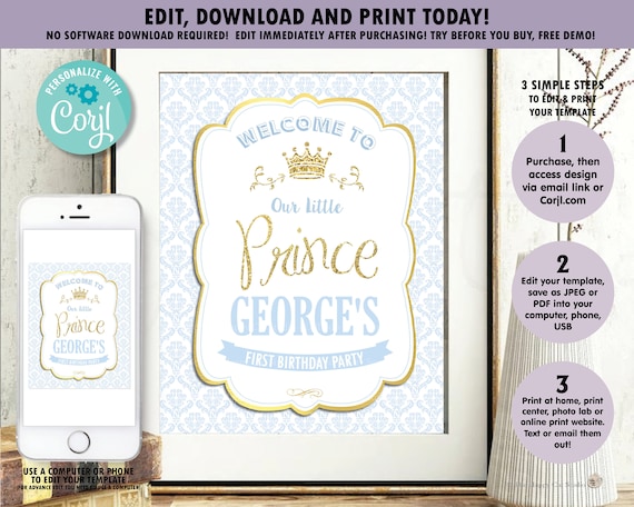 EDITABLE TEMPLATE Little Prince 1st Birthday Welcome Sign, Printable, Pastel, First, One Year, Poster, Wall Decor, Blue, Royal, Regal, Gold Il_570xn