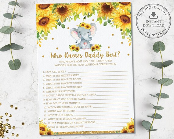 Who Knows Daddy Best Game, INSTANT DOWNLOAD, Rustic Chic Floral Sunflower Elephant Baby Shower Quiz Card Activity, Diy PDF Printable, EP8 Il_570xn