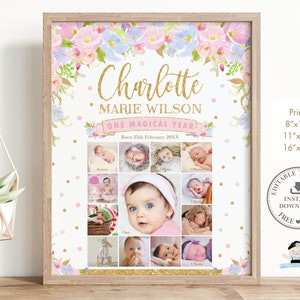 Sweet Pink Blue Floral First Year Photo Collage, EDITABLE TEMPLATE, Girl 1st Birthday Milestone Sign Decor Printable, INSTANT Download, UB2