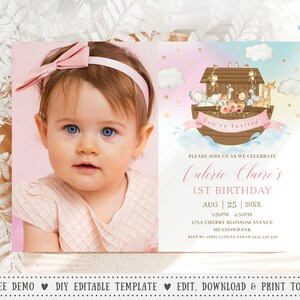 Noah&#39;s Ark Birthday Invitation EDITABLE TEMPLATE Noahs Ark Cute Animals Pink Girl 1st First Picture Invite Printable INSTANT Download, NA2