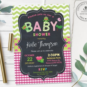 Invitación de ranas, PLANTILLA EDITABLE, Linda rana de salto vibrante rosa pizarra verde niña baby shower invitación imprimible, descarga instantánea, FR2