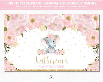 Elefant Hintergrund Banner druckbar, rosa blush floral niedlich Dschungel ersten 1. Geburtstag Back Drop Decor, Mädchen Baby Dusche digitale Datei PDF, EP5