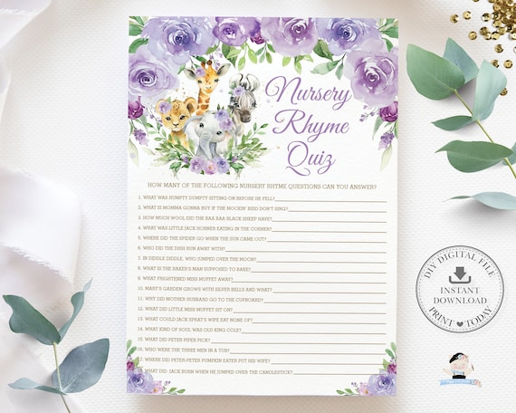 Nursery Rhyme Quiz, INSTANT DOWNLOAD, Guess Song Jungle Animals Purple Floral Greenery Baby Shower Game Card Activity Diy PDF Printable, JA8 Il_570xn