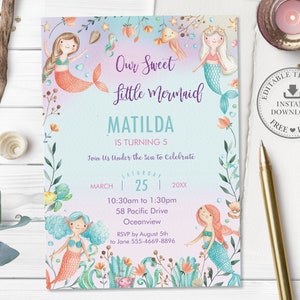 May include: A printable invitation for a little mermaid themed birthday party. The invitation features a watercolor illustration of three mermaids with colorful tails and seashells. The text on the invitation reads "Our Sweet Little Mermaid Matilda is turning 5. Join us under the sea to celebrate Saturday, March 25, 20XX, 10:30am to 1:30pm, 58 Pacific Drive, Oceanview. RSVP by August 5th to Jane 555-4669-8896."