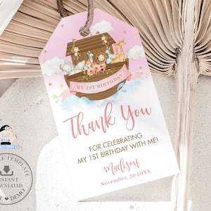 Noahs Arche Danke Geschenkanhänger Printable, EDITIERBARE VORLAGE, Rosa Mädchen 1