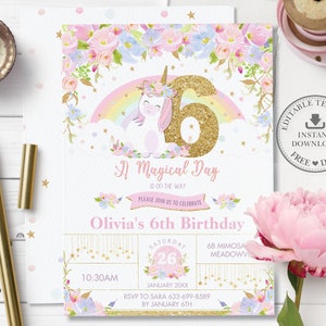 Cute Unicorn 6th Birthday Invitation EDITABLE TEMPLATE, Rainbow Floral Pink Floral Gold Glitter Sixth Six Party Invite INSTANT Download, UB3