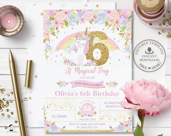 Unicorn 6th Birthday Invitation EDITABLE TEMPLATE, Cute Unicorn Pink Floral Gold Glitter Sixth Six Party Invite Pdf, INSTANT Download, UB3