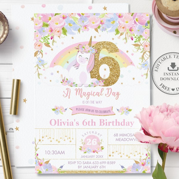 Unicorn 6th Birthday Invitation EDITABLE TEMPLATE, Cute Unicorn Pink Floral Gold Glitter Sixth Six Party Invite Pdf, INSTANT Download, UB3