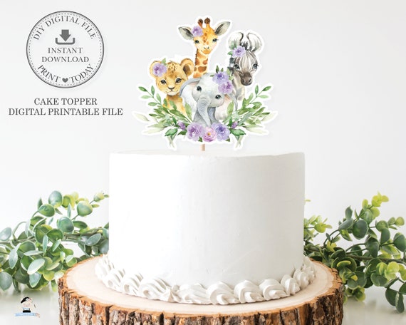 Jungle Animals Purple Floral Greenery Cake Topper, INSTANT DOWNLOAD, Elephant Giraffe Lion PRINTABLE File Pdf Baby Shower Birthday Party JA8 Il_570xn