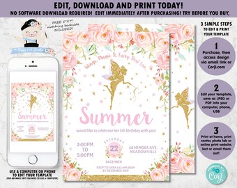 Fairy Invitation, Whimsical Fairy Birthday, Pixie, Enchanted, Pink Floral, Fairy Printable, Magical Fairy, EDITABLE TEMPLATE Download, FF1