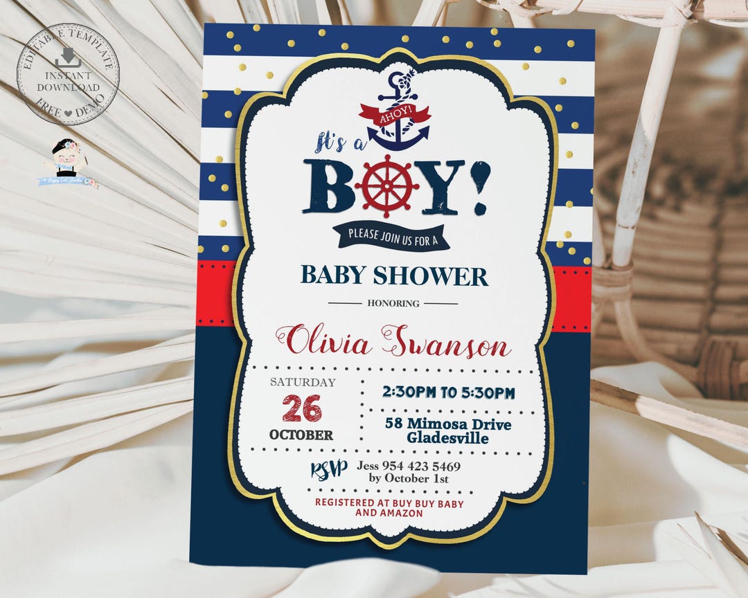 Nautical Baby Shower Invitation, EDITABLE TEMPLATE, Ahoy It's a Boy
