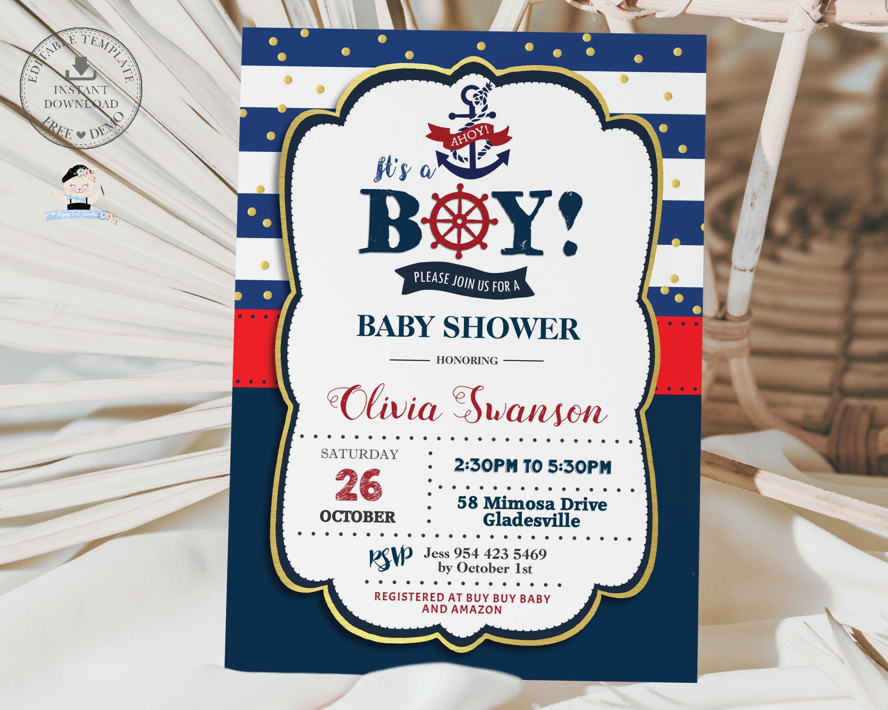 Invitación náutica para baby shower, plantilla editable, ¡Ahoy, es un  niño!, marinero, ancla, rojo, azul marino y dorado, imprimible  digitalmente, descarga instantánea, NT1 - Etsy México, image size:3000x2399