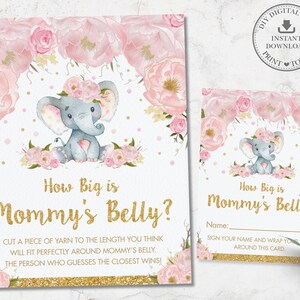 Quão grande é o cartão de sinal da barriga da mamãe, DOWNLOAD INSTANTÂNEO, Blush Pink Floral Cute Elephant Baby Shower Atividade divertida de jogo DIY PDF para impressão, EP5