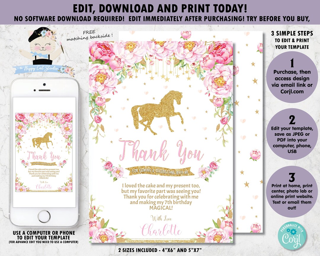 Horse Thank You Card, Pony 1st Birthday Party, Horse Birthday, Chic ...