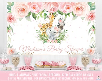 Jungle Animals Backdrop Banner, Pink Floral Greenery Baby Shower Birthday Party Welcome Sign Wall Decor PDF Digital Printable File, JA6