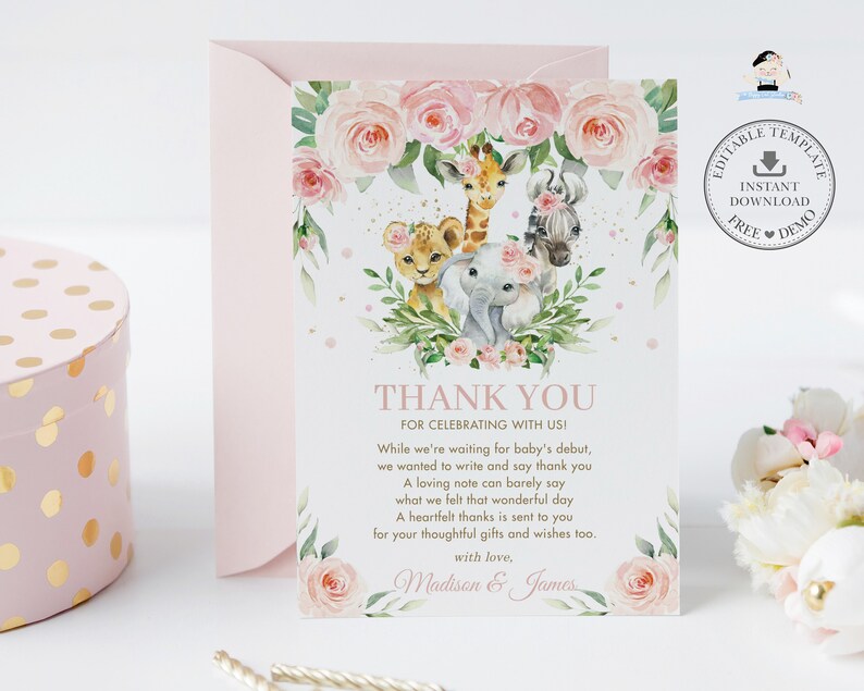 May include: A pink and green thank you card featuring a floral wreath and illustrations of a giraffe, zebra, lion, and elephant. The text reads "Thank You for celebrating with us!" and includes a short poem expressing gratitude for gifts and wishes. The card is signed "Madison & James".