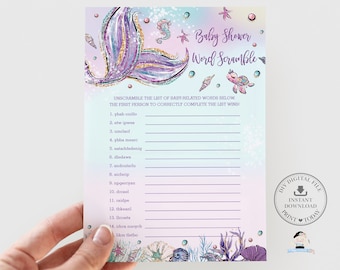 Meerjungfrau-Babyparty-Buchstaben-Rätsel, druckbar, INSTANT-DOWNLOAD, schicke lila Meerjungfrau-Schwanz unter dem Meer Quiz streuen lustige Aktivitäten, MT2