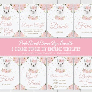 Chic Lama Blush Pink Floral Tabletop Zeichen Bundle, EDITIERBARE VORLAGE, Alpaka-Mädchen-Baby-Dusche-Geburtstag druckbare Zeichen, SOFORT-Download LM1