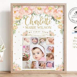 Baby Girl First Year Photo Collage, EDITABLE TEMPLATE, Peach Floral Gold 1st Birthday Milestone Sign Printable, Decor, INSTANT Download, PF2 image 2