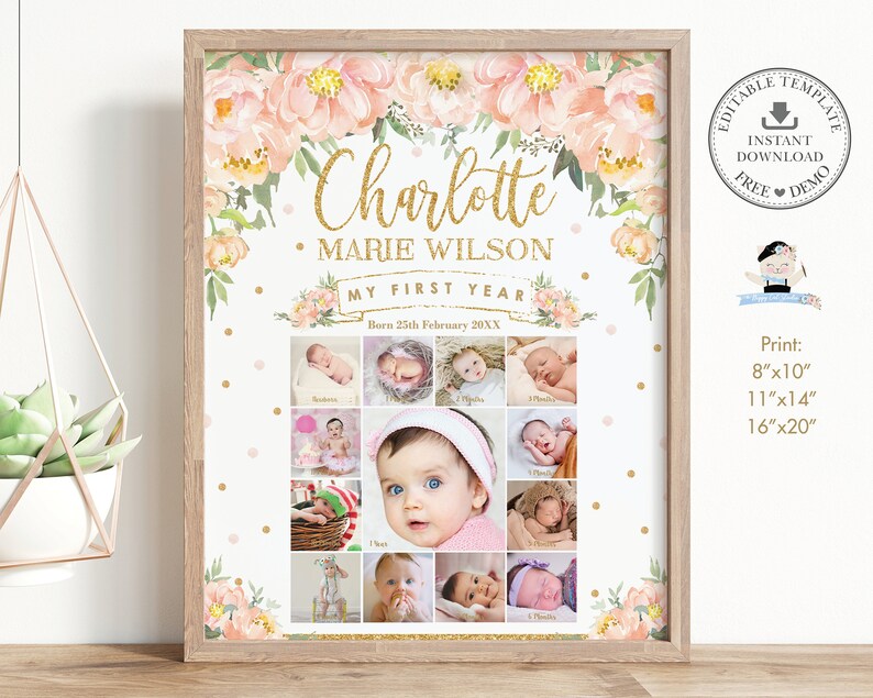 Baby Girl First Year Photo Collage, EDITABLE TEMPLATE, Peach Floral Gold 1st Birthday Milestone Sign Printable, Decor, INSTANT Download, PF2 image 2