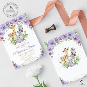 May include: Purple floral baby shower invitation with a giraffe, zebra, lion, and elephant illustration. The invitation text reads "Please join us for a baby shower honoring Madison Brown August 25 | Sunday at four o'clock in the afternoon 189 Eucalyptus Avenue, Pymble RSVP by August 31st to Jess 568-6969-4897 Registered at Walmart and Amazon"