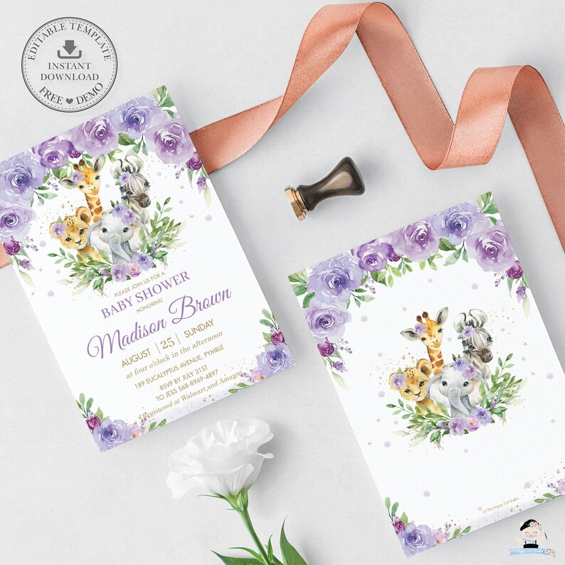 May include: Purple floral baby shower invitation with a giraffe, zebra, lion, and elephant illustration. The invitation text reads "Please join us for a baby shower honoring Madison Brown August 25 | Sunday at four o'clock in the afternoon 189 Eucalyptus Avenue, Pymble RSVP by August 31st to Jess 568-6969-4897 Registered at Walmart and Amazon"