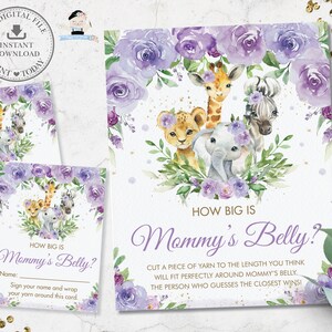 Quão grande é o cartão de sinalização da barriga da mamãe, DOWNLOAD INSTANTÂNEO, Roxo Floral Safari Animais da selva Chá de bebê Atividade de jogo DIY PDF para impressão JA88