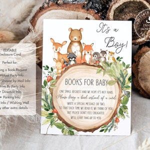 BEWERKBARE SJABLOON, bosdieren breng een boek in plaats van een kaart, rustiek groen baby shower verjaardag afdrukbaar, extra info, INSTANT WG2