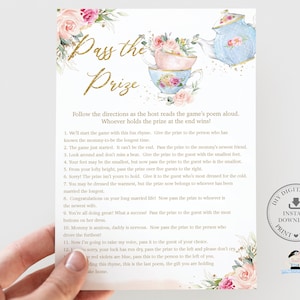 Baby Shower Pass the Prize Game Printable, INSTANT DOWNLOAD, High Tea Party Roze Floral Blue Teapot Funny Fun Gift Rhyme Poem Activiteit, TP5