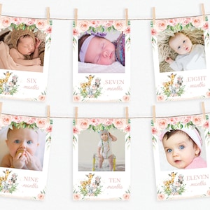 Jungle Animals First Year Photos, EDITABLE TEMPLATE, 1st Birthday Milestone Photos, Cute Safari Pink Floral Printable INSTANT Download, JA6