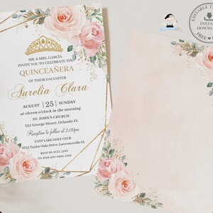 K&ouml;nnte beinhalten: Eine rosafarbene und goldene Quincea&ntilde;era-Einladung mit floralem Design. Die Einladung enth&auml;lt den Text "MR. & MRS. GARC&Iacute;A INVITE YOU TO CELEBRATE THE QUINCEA&Ntilde;ERA OF THEIR DAUGHTER Aurelia Clara AUGUST 25 SUNDAY at eleven o'clock in the morning ST. JOHN'S CHURCH 531 George Street, Orlando FL Reception to follow at 2:00pm EAST LAKE GOLF CLUB 1635 Taylor Oaks Drive, Lawrenceville FL RSVP BY JULY 31ST TO JESS 565-9900-4507".