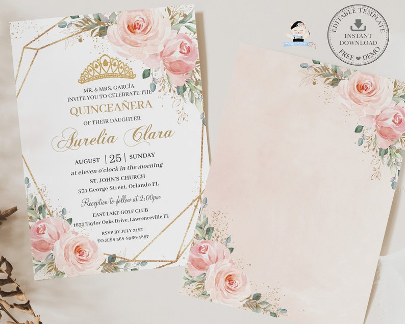 K&ouml;nnte beinhalten: Eine rosafarbene und goldene Quincea&ntilde;era-Einladung mit floralem Design. Die Einladung enth&auml;lt den Text "MR. & MRS. GARC&Iacute;A INVITE YOU TO CELEBRATE THE QUINCEA&Ntilde;ERA OF THEIR DAUGHTER Aurelia Clara AUGUST 25 SUNDAY at eleven o'clock in the morning ST. JOHN'S CHURCH 531 George Street, Orlando FL Reception to follow at 2:00pm EAST LAKE GOLF CLUB 1635 Taylor Oaks Drive, Lawrenceville FL RSVP BY JULY 31ST TO JESS 565-9900-4507".