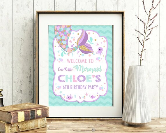 Printable Little Mermaid Birthday Welcome Sign, Poster, Mermaid Party, Tail, Personalized, Digital Print, Decor, Ocean Creatures, Wall Art Il_570xn