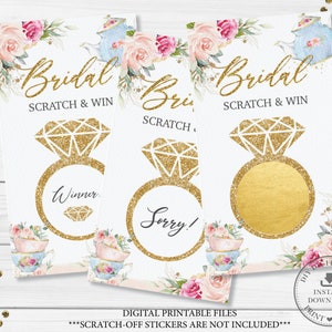 Juego Bridal Scratch and Win Imprimible, DESCARGA INSTANTÁNEA, High Tea Party Pink Floral Fun Bridal Shower Ring Prize Card Activity, TP5