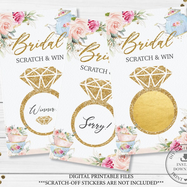 Bridal Scratch and Win Game Printable, INSTANT DOWNLOAD, High Tea Party Pink Floral Fun Bridal Shower Ring Lottery Prize Card Activity, TP5