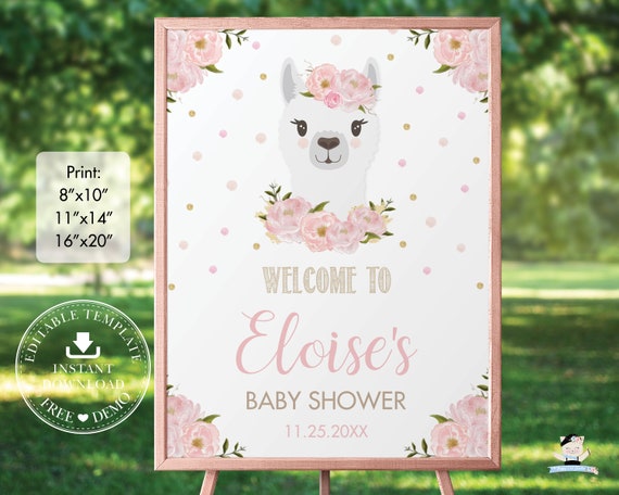 Chic Blush Pink Floral Llama Welcome Sign, EDITABLE TEMPLATE, Girl Baby Shower 1st Birthday Alpaca Poster Decoration INSTANT Download, LM1 Il_570xn