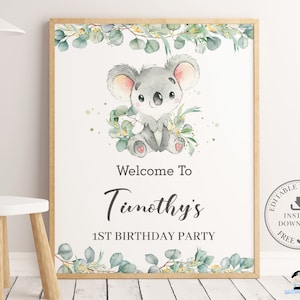 Cute Koala Welcome Sign, EDITABLE TEMPLATE, Rustic Greenery Eucalyptus Boy Baby Shower 1st Birthday Poster Decor Pdf, INSTANT Download, AU2