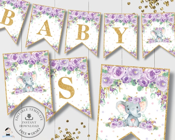 Elephant Flag Banner, EDITABLE TEMPLATE, Purple Floral Gold Glitter Cute Bunting Baby Shower Birthday Decor Printable, INSTANT Download EP9 Il_570xn