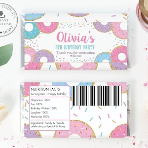 May include: A printable chocolate bar wrapper template featuring a donut theme with pink, blue, and purple donuts with sprinkles. The text on the wrapper says "Olivia's 8th Birthday Party" and "Thank you for celebrating with us!"