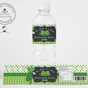 Mignons deux pois dans un Pod Twins Boy Girl Baby Shower Étiquettes de bouteille d’eau, MODÈLE MODIFIABLE, Green Dots Sticker Wrapper Favors Imprimable, PB1