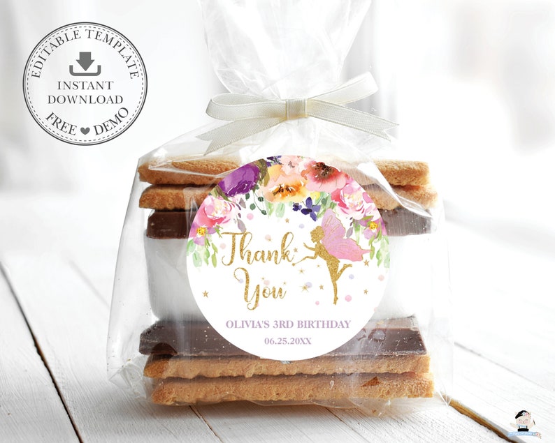 EDITABLE TEMPLATE Fairy 2 Circle Label Purple Pink Floral Gold Fairy Thank You Sticker Favors Printable Baby Shower Birthday