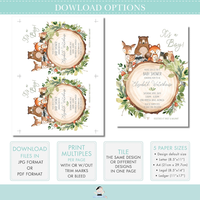 May include: Printable baby shower invitation featuring a woodland theme with a brown bear, fox, deer, raccoon, and owl. The invitation is decorated with green leaves and a woodgrain background. The text on the invitation reads "It's a Boy!" and "Please join us for a baby shower honoring [name]" with the date, time, and location of the event. The invitation also includes the text "Registered at Target & Walmart".