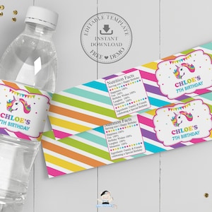 Unicorn Water Bottle Labels, EDITABLE TEMPLATE, Colorful Rainbow Cute Unicorn Drink Bottle Wrapper Sticker, Pdf INSTANT Download File, UR2