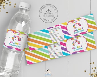 Unicorn Water Bottle Labels, EDITABLE TEMPLATE, Colorful Rainbow Cute Unicorn Drink Bottle Wrapper Sticker, Pdf INSTANT Download File, UR2