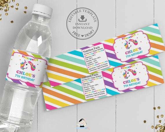 unicorn water bottle labels editable template colorful rainbow cute unicorn drink bottle wrapper sticker pdf instant download file ur2 by the happy cat studio catch my party