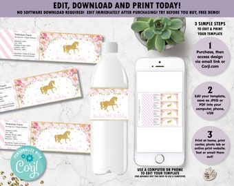 Horse Water Bottle Labels, Stickers, Drink, Favor, Pony, Gold Glitter, Pink, Birthday, Personalized, Printable, Floral, Watercolor, HR1