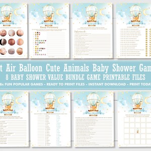May include: A collection of eight baby shower games with a hot air balloon and cute animal theme. The games include Emoji Pictionary, Guess Who Said It?, and more. The text reads "Hot Air Balloon Cute Animals Baby Shower Games".