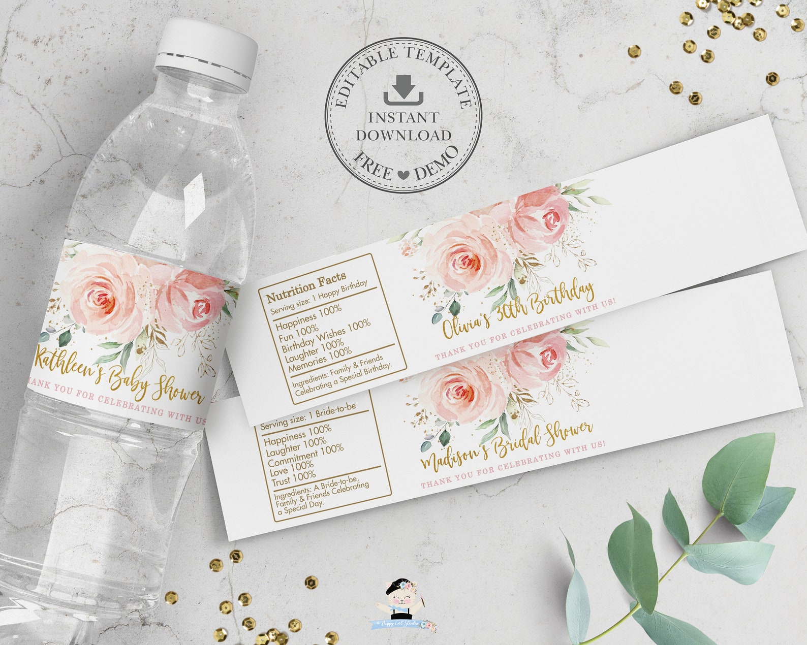 Blush Floral Water Bottle Labels, EDITABLE TEMPLATE, Pink Roses Flowers ...